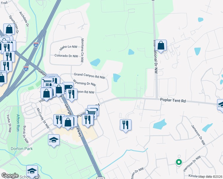 map of restaurants, bars, coffee shops, grocery stores, and more near 5142 Grand Canyon Road Northwest in Concord