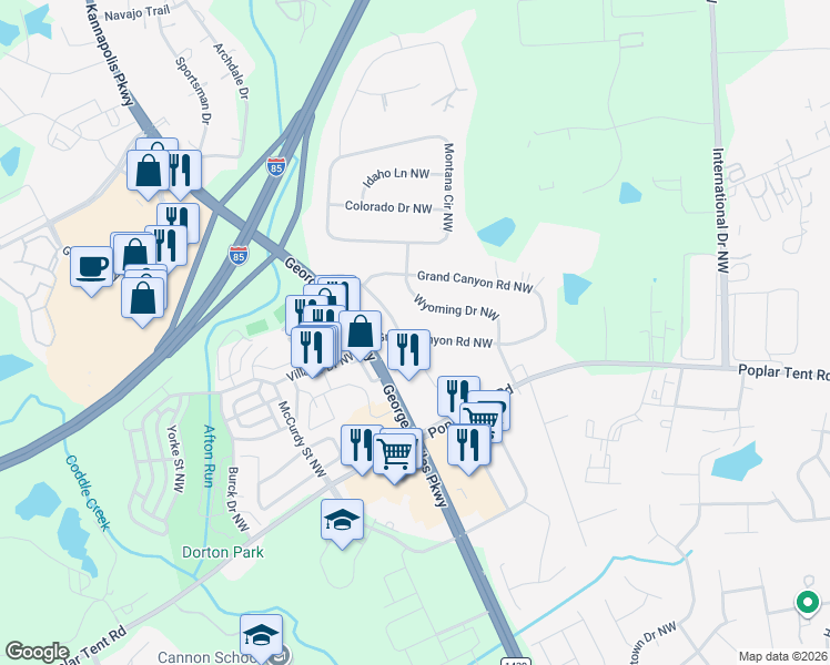 map of restaurants, bars, coffee shops, grocery stores, and more near 174 Wyoming Drive Northwest in Concord