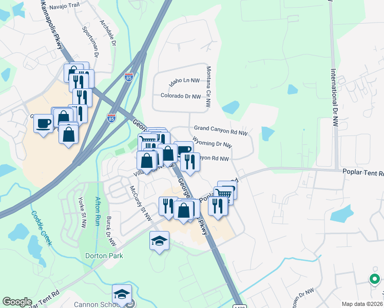 map of restaurants, bars, coffee shops, grocery stores, and more near 118 Arizona Place Northwest in Concord