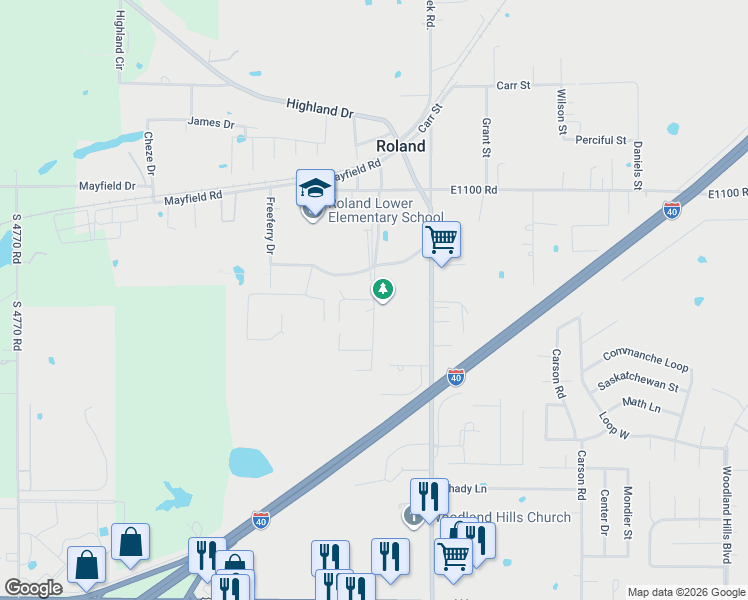 map of restaurants, bars, coffee shops, grocery stores, and more near 300 Ranger Boulevard in Roland