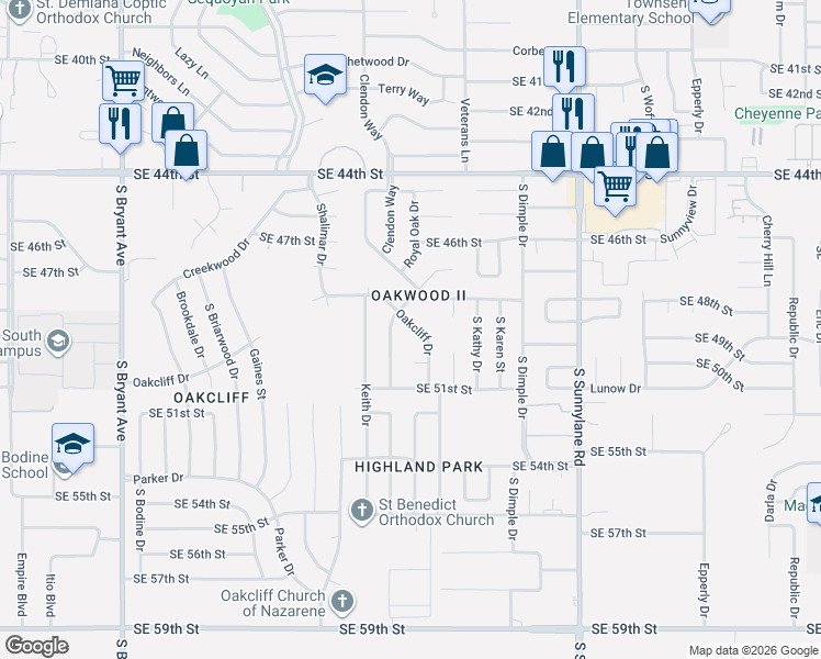 map of restaurants, bars, coffee shops, grocery stores, and more near 3804 Southeast 48th Street in Oklahoma City