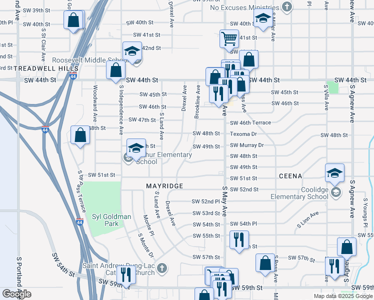 map of restaurants, bars, coffee shops, grocery stores, and more near 4908 Drexel Avenue in Oklahoma City