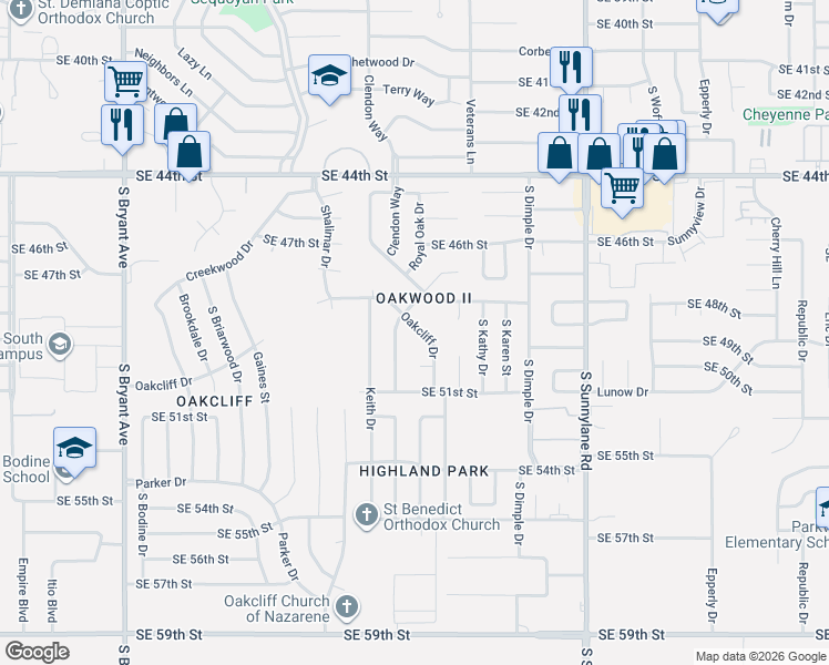 map of restaurants, bars, coffee shops, grocery stores, and more near 3804 Southeast 48th Street in Oklahoma City