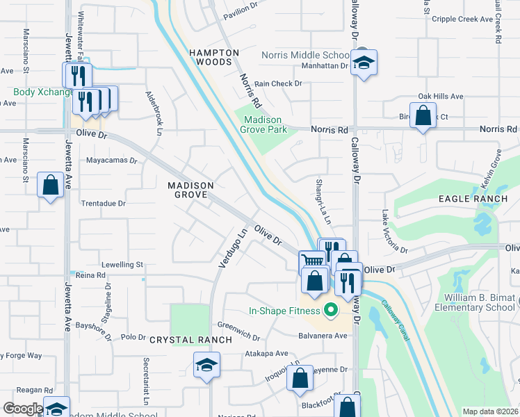 map of restaurants, bars, coffee shops, grocery stores, and more near 10199 Seneca Falls Avenue in Bakersfield