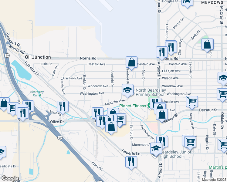 map of restaurants, bars, coffee shops, grocery stores, and more near 1122 Washington Avenue in Bakersfield