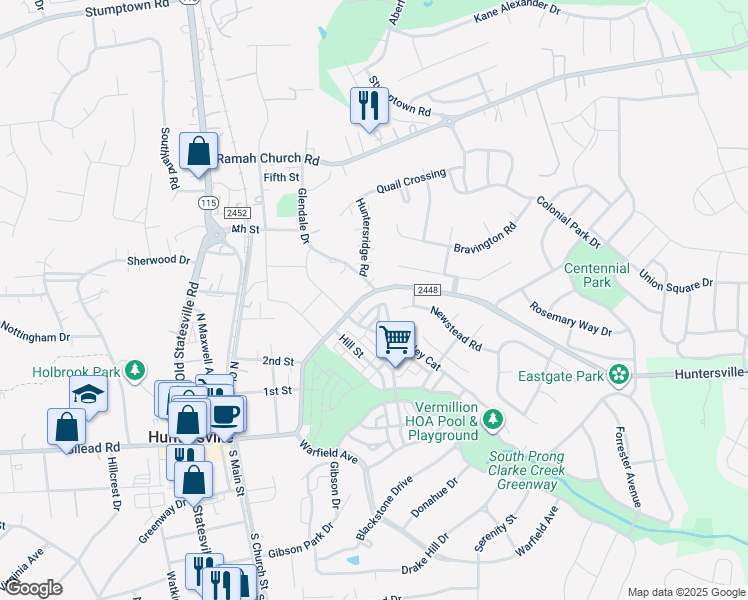 map of restaurants, bars, coffee shops, grocery stores, and more near 12220 Huntersville-Concord Road in Huntersville