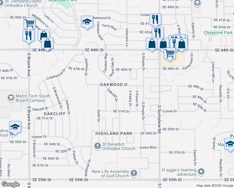 map of restaurants, bars, coffee shops, grocery stores, and more near 3804 Southeast 48th Street in Oklahoma City