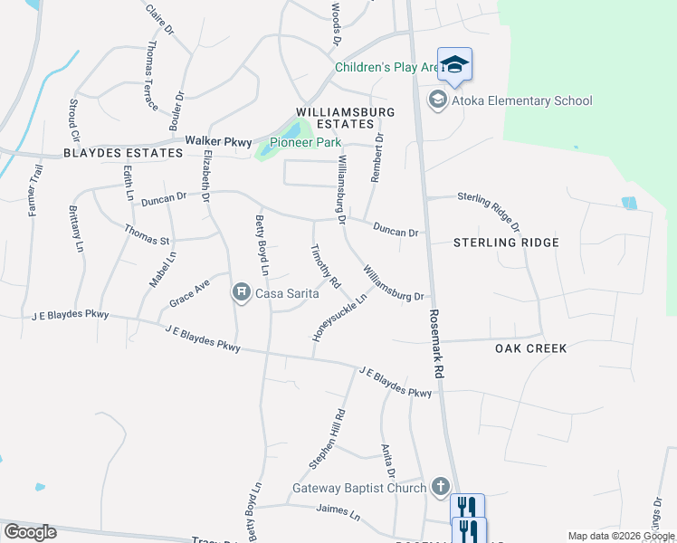 map of restaurants, bars, coffee shops, grocery stores, and more near 277 Williamsburg Drive in Atoka