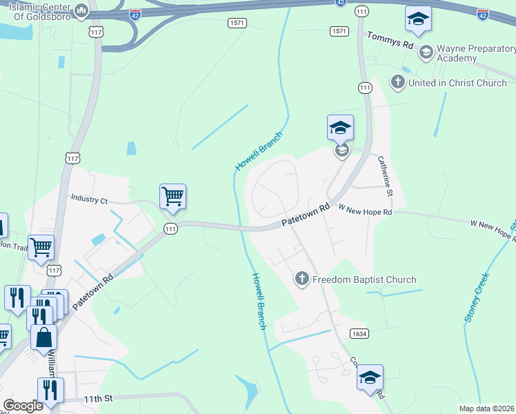 map of restaurants, bars, coffee shops, grocery stores, and more near 218 King's Way in Goldsboro