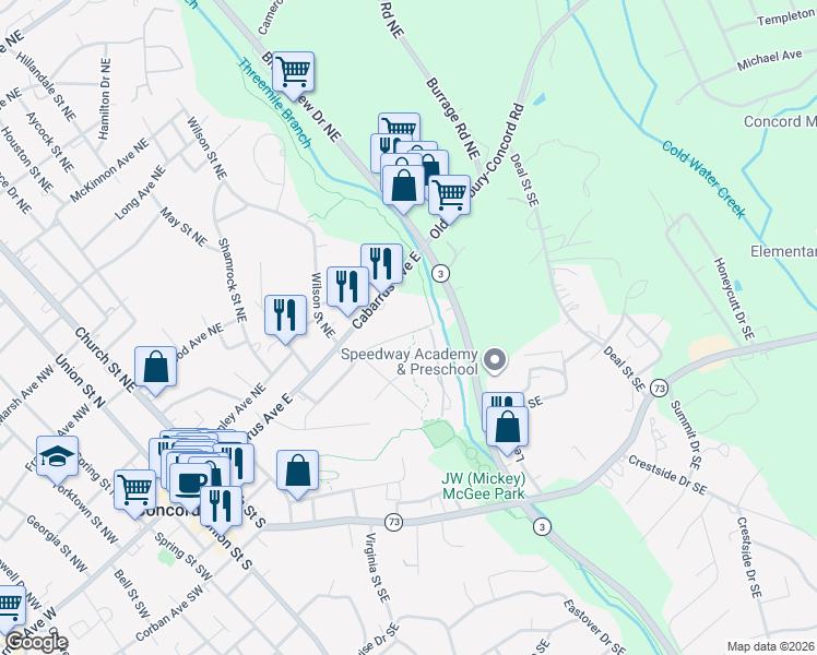 map of restaurants, bars, coffee shops, grocery stores, and more near 273 Patterson Avenue Southeast in Concord
