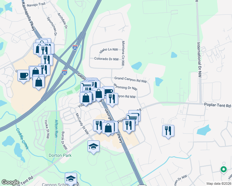 map of restaurants, bars, coffee shops, grocery stores, and more near 174 Wyoming Drive Northwest in Concord