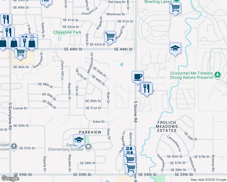 map of restaurants, bars, coffee shops, grocery stores, and more near 4909 Kindling Lane in Oklahoma City