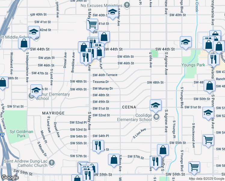 map of restaurants, bars, coffee shops, grocery stores, and more near 2737 Southwest Murray Drive in Oklahoma City