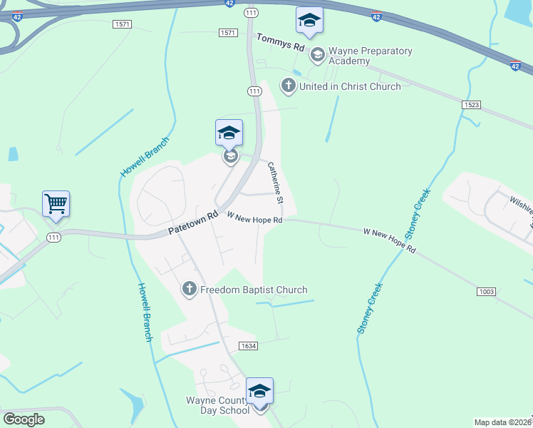 map of restaurants, bars, coffee shops, grocery stores, and more near 1813 West New Hope Road in Goldsboro