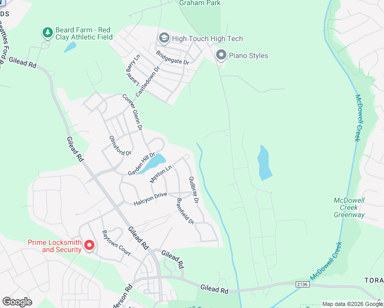 map of restaurants, bars, coffee shops, grocery stores, and more near 6212 Myston Lane in Huntersville