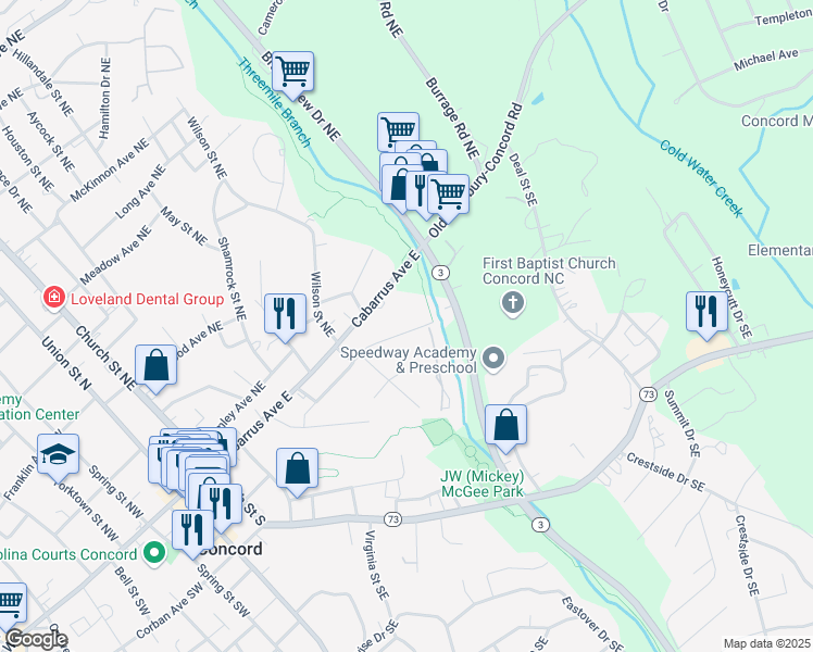 map of restaurants, bars, coffee shops, grocery stores, and more near 273 Patterson Avenue Southeast in Concord