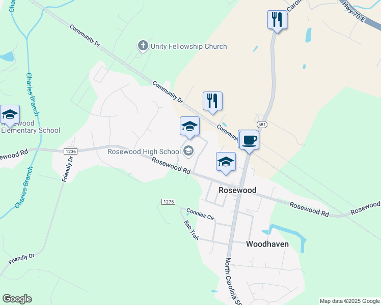 map of restaurants, bars, coffee shops, grocery stores, and more near 900 Rosewood Road in Goldsboro