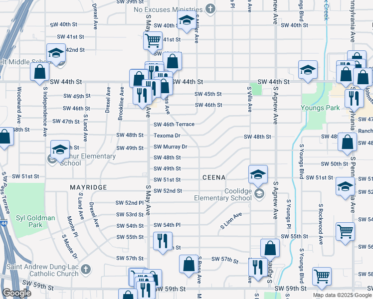 map of restaurants, bars, coffee shops, grocery stores, and more near 2737 Southwest Murray Drive in Oklahoma City