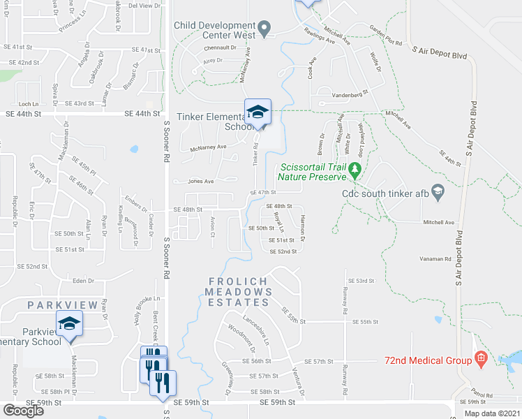 map of restaurants, bars, coffee shops, grocery stores, and more near 4900 Royal Creek Road in Oklahoma City