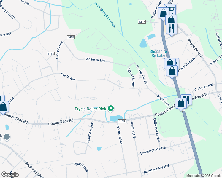 map of restaurants, bars, coffee shops, grocery stores, and more near 2715 Eva Drive Northwest in Concord