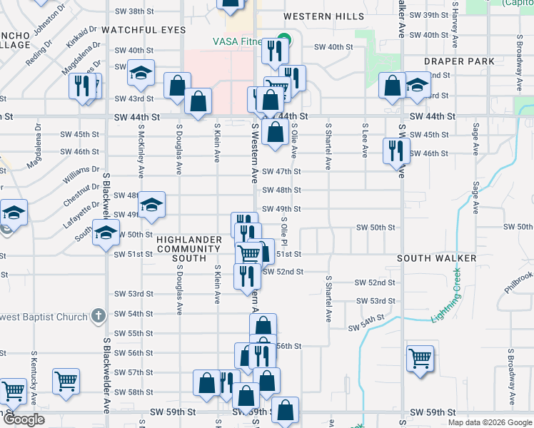 map of restaurants, bars, coffee shops, grocery stores, and more near 833 Southwest 49th Street in Oklahoma City