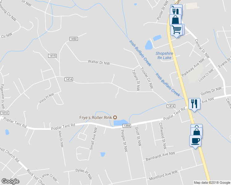 map of restaurants, bars, coffee shops, grocery stores, and more near 2715 Eva Drive Northwest in Concord