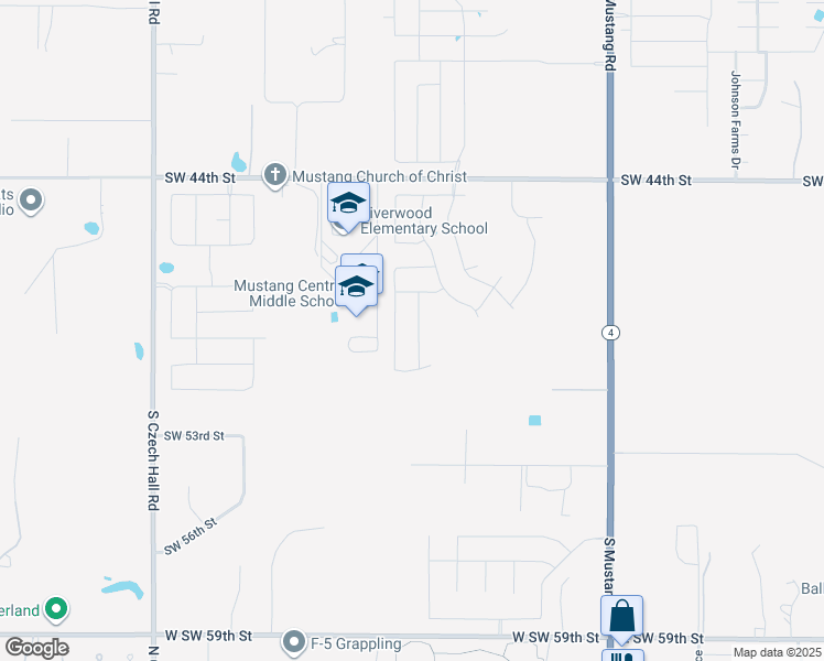 map of restaurants, bars, coffee shops, grocery stores, and more near 11749 Southwest 54th Street in Mustang