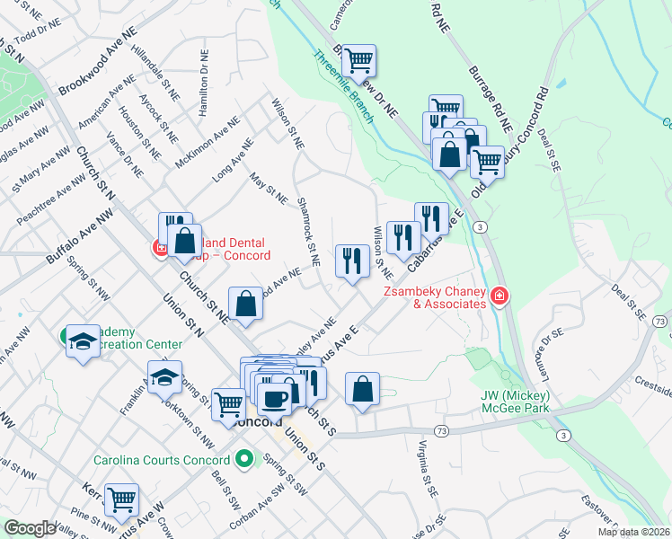 map of restaurants, bars, coffee shops, grocery stores, and more near 75 Reed Street Northeast in Concord