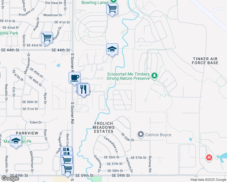 map of restaurants, bars, coffee shops, grocery stores, and more near 6209 Southeast 48th Street in Oklahoma City
