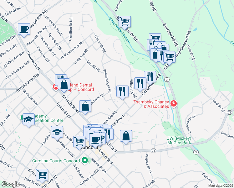 map of restaurants, bars, coffee shops, grocery stores, and more near 75 Reed Street Northeast in Concord