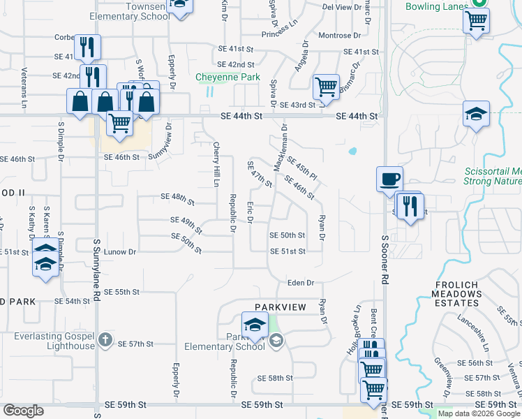 map of restaurants, bars, coffee shops, grocery stores, and more near 5008 Southeast 48th Street in Oklahoma City