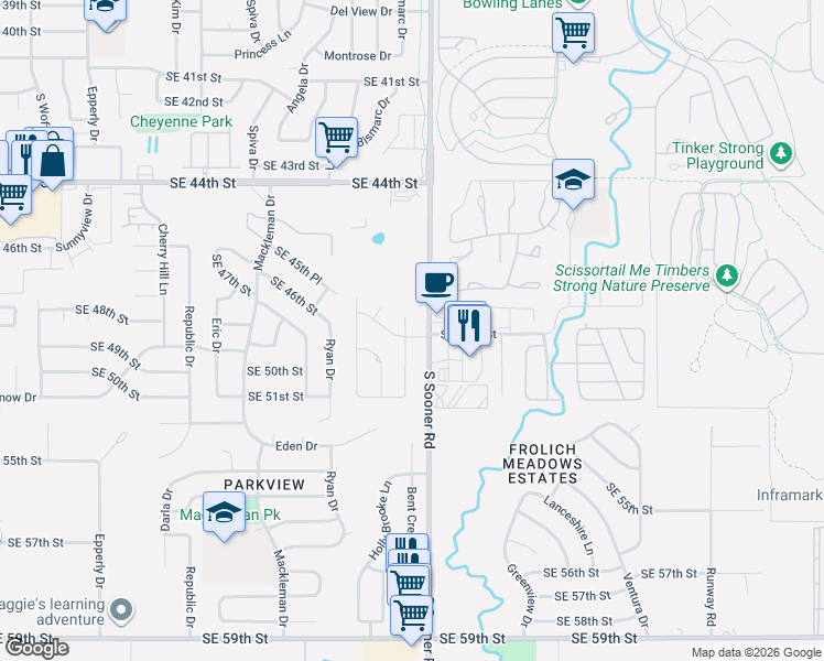 map of restaurants, bars, coffee shops, grocery stores, and more near 4800 South Sooner Road in Oklahoma City