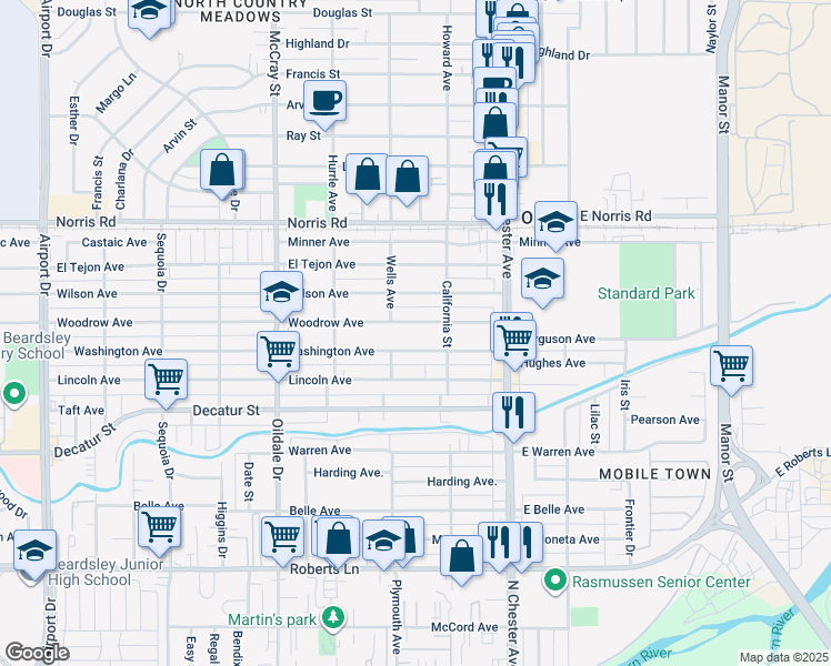 map of restaurants, bars, coffee shops, grocery stores, and more near 217 Woodrow Avenue in Bakersfield