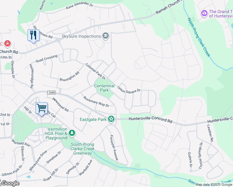 map of restaurants, bars, coffee shops, grocery stores, and more near 12932 Union Square Drive in Huntersville