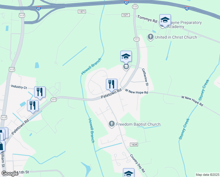 map of restaurants, bars, coffee shops, grocery stores, and more near 416 Kingston Circle in Goldsboro