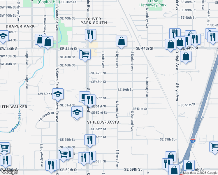 map of restaurants, bars, coffee shops, grocery stores, and more near 324 Southeast 48th Street in Oklahoma City