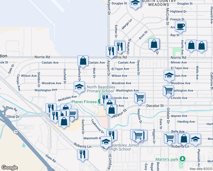 map of restaurants, bars, coffee shops, grocery stores, and more near 901 Airport Drive in Bakersfield
