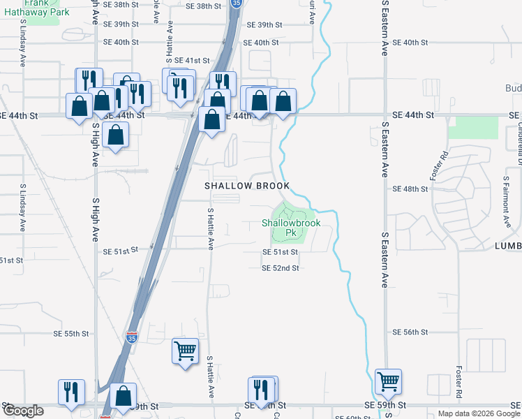 map of restaurants, bars, coffee shops, grocery stores, and more near 1517 Southeast 48th Place in Oklahoma City