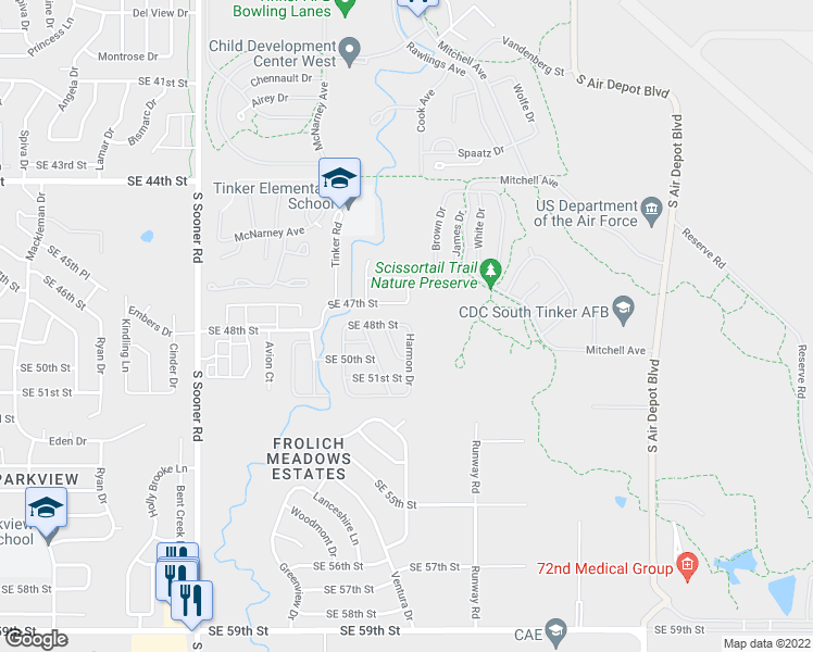 map of restaurants, bars, coffee shops, grocery stores, and more near 4912 Harmon Drive in Oklahoma City