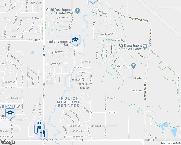 map of restaurants, bars, coffee shops, grocery stores, and more near 4916 Harmon Drive in Oklahoma City
