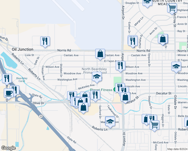 map of restaurants, bars, coffee shops, grocery stores, and more near 1112 Woodrow Avenue in Bakersfield