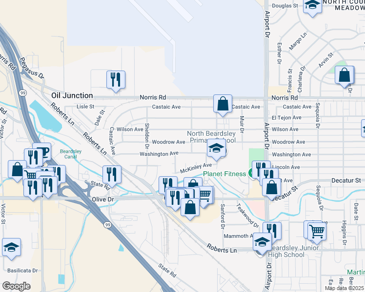 map of restaurants, bars, coffee shops, grocery stores, and more near 1200 Woodrow Avenue in Bakersfield