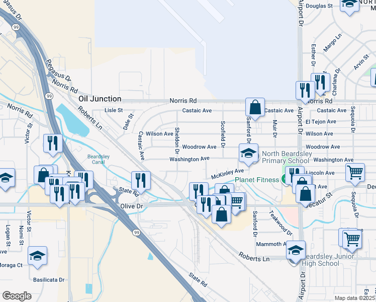 map of restaurants, bars, coffee shops, grocery stores, and more near 1236 Woodrow Avenue in Bakersfield