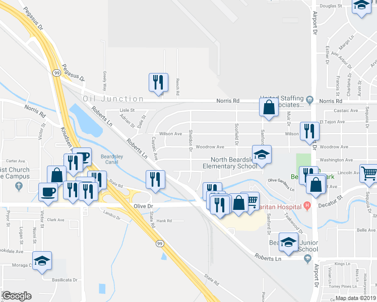 map of restaurants, bars, coffee shops, grocery stores, and more near 1236 Woodrow Avenue in Bakersfield