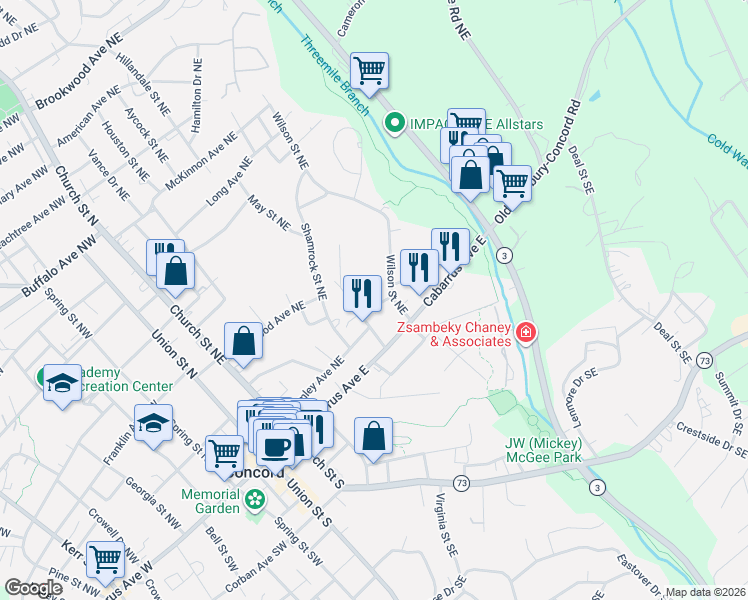 map of restaurants, bars, coffee shops, grocery stores, and more near 193 Hoover Avenue Northeast in Concord