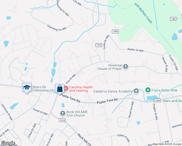 map of restaurants, bars, coffee shops, grocery stores, and more near 3317 Eva Drive Northwest in Concord