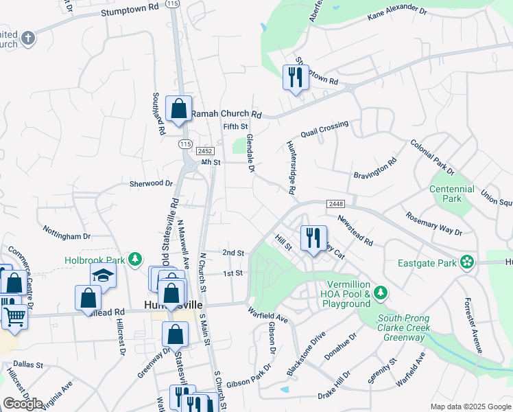 map of restaurants, bars, coffee shops, grocery stores, and more near 404 North Church Street in Huntersville