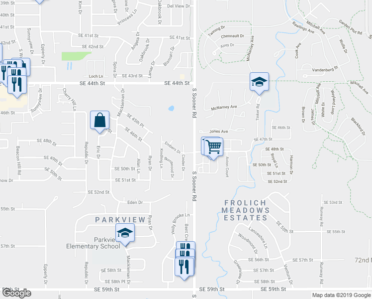 map of restaurants, bars, coffee shops, grocery stores, and more near 4909 Cinder Drive in Oklahoma City