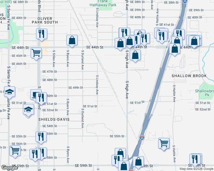 map of restaurants, bars, coffee shops, grocery stores, and more near 714 Southeast 48th Street in Oklahoma City