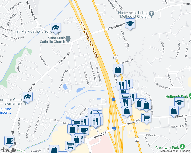 map of restaurants, bars, coffee shops, grocery stores, and more near 15214 Leslie Brooke Road in Huntersville